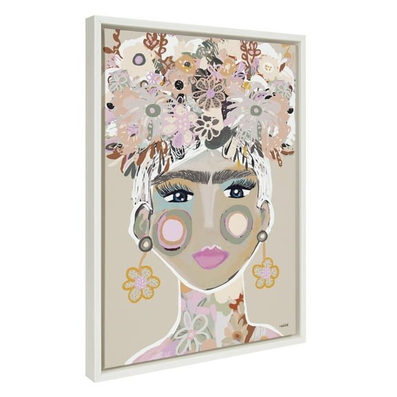 Kate and Laurel Sylvie Frida Frollae Framed Canvas Wall Art by Inkheart Designs, 18x24 White, Modern Floral Female Portrait Art