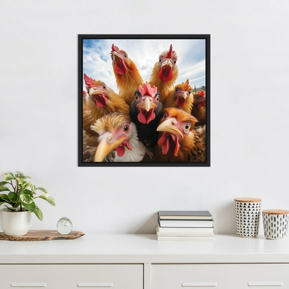Kate and Laurel Sylvie Funny Animal Chicken Selfie Framed Canvas Wall Art by The Creative Bunch Studio, 22x22 Black, Funny Cute Animal Art for Wall