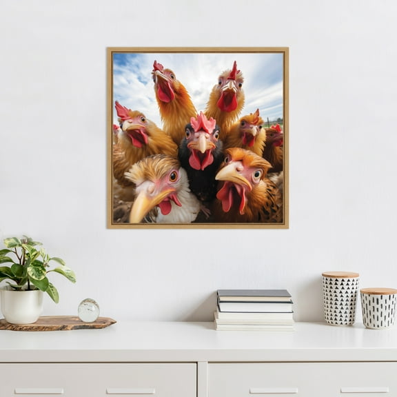 Kate and Laurel Sylvie Funny Animal Chicken Selfie Framed Canvas Wall Art by The Creative Bunch Studio, 22x22 Natural, Funny Cute Animal Art for Wall