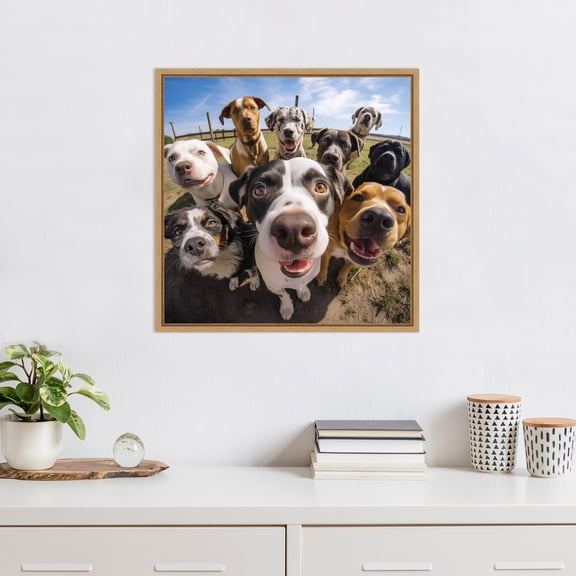 Kate and Laurel Sylvie Funny Animal Dog Selfie Framed Canvas Wall Art by The Creative Bunch Studio, 22x22 Natural, Funny Cute Animal Art for Wall