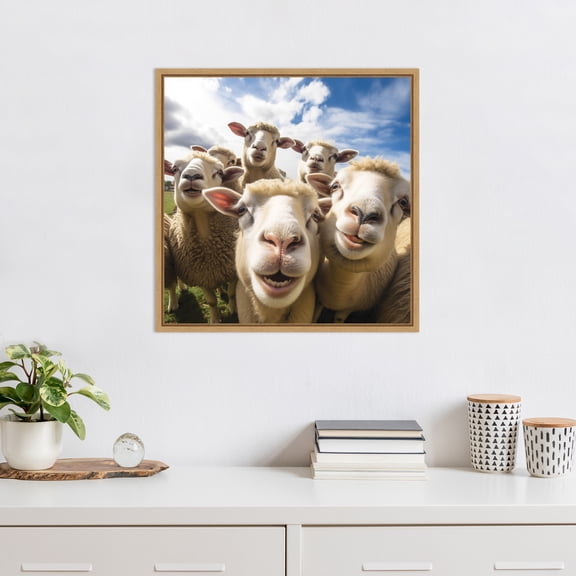 Kate and Laurel Sylvie Funny Animal Lamb Selfie Framed Canvas Wall Art by The Creative Bunch Studio, 22x22 Natural, Funny Cute Animal Art for Wall