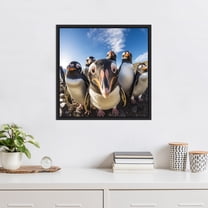 Kate and Laurel Sylvie Funny Animal Penguin Selfie Framed Canvas Wall Art by The Creative Bunch Studio, 22x22 Black, Funny Cute Animal Art for Wall