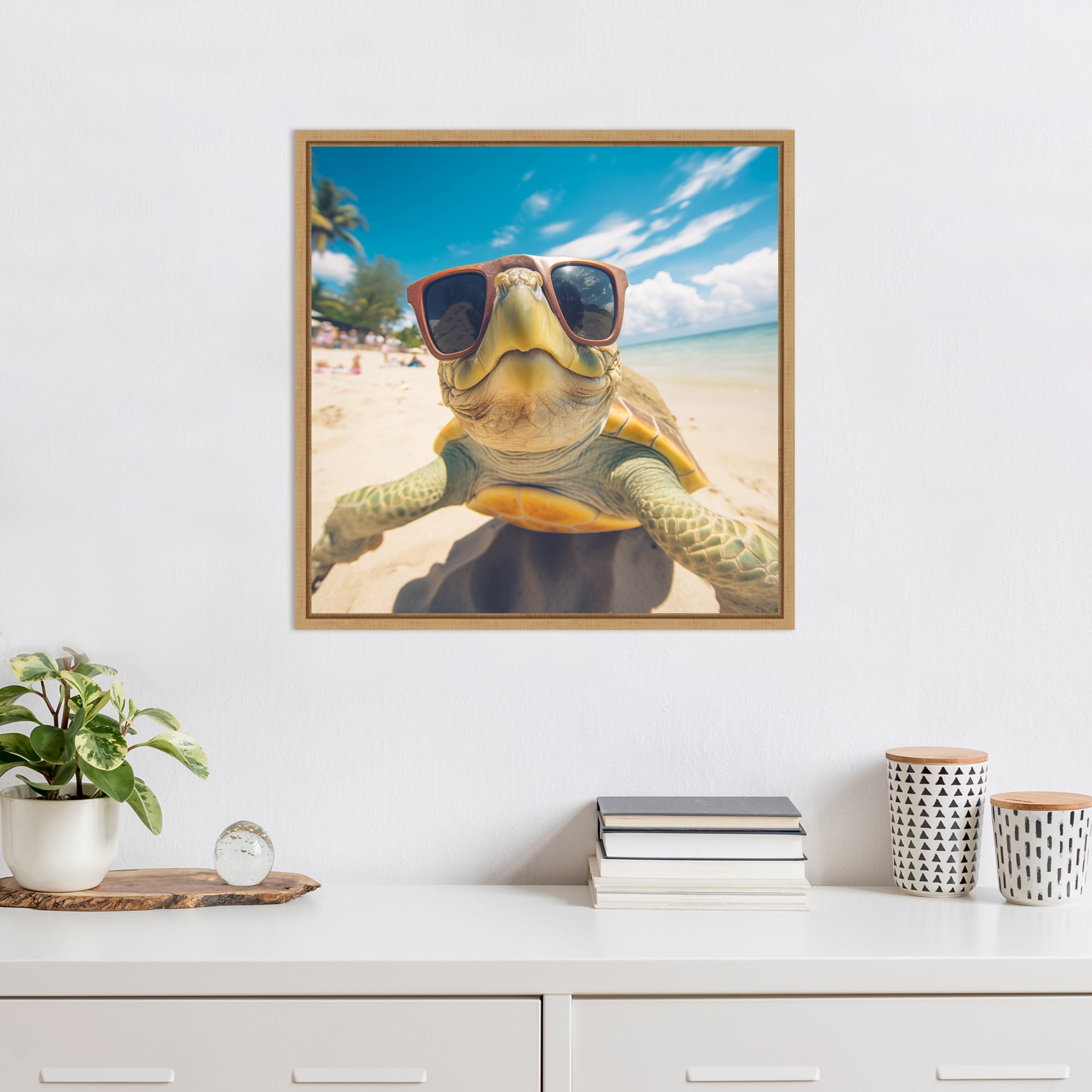 Funny Animal Turtle Selfie Natural Framed Canvas Wall Art, 22x22