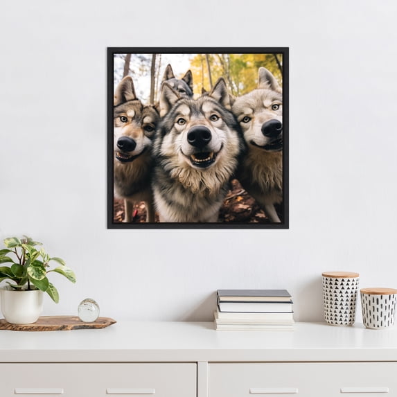 Kate and Laurel Sylvie Funny Animal Wolf Selfie Framed Canvas Wall Art by The Creative Bunch Studio, 22x22 Black, Funny Cute Animal Art for Wall