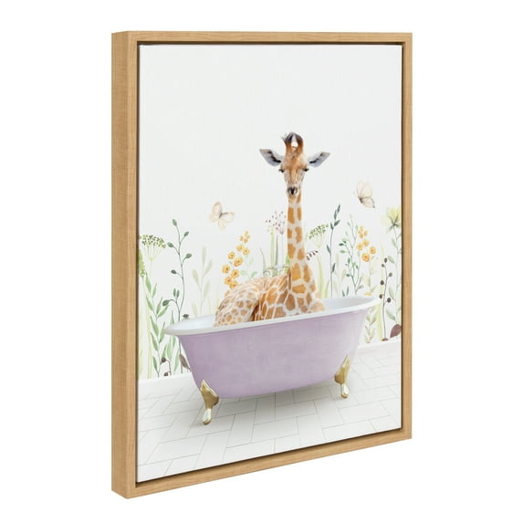 Kate and Laurel Sylvie Giraffe In Spring Bath Framed Canvas Wall Art by Amy Peterson Art Studio, 18x24 Natural, Whimsical Animal Art for Wall