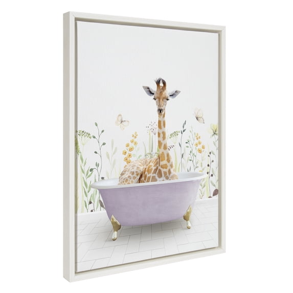 Kate and Laurel Sylvie Giraffe In Spring Bath Framed Canvas Wall Art by Amy Peterson Art Studio, 18x24 White, Fun Bathroom Art, Wall Décor