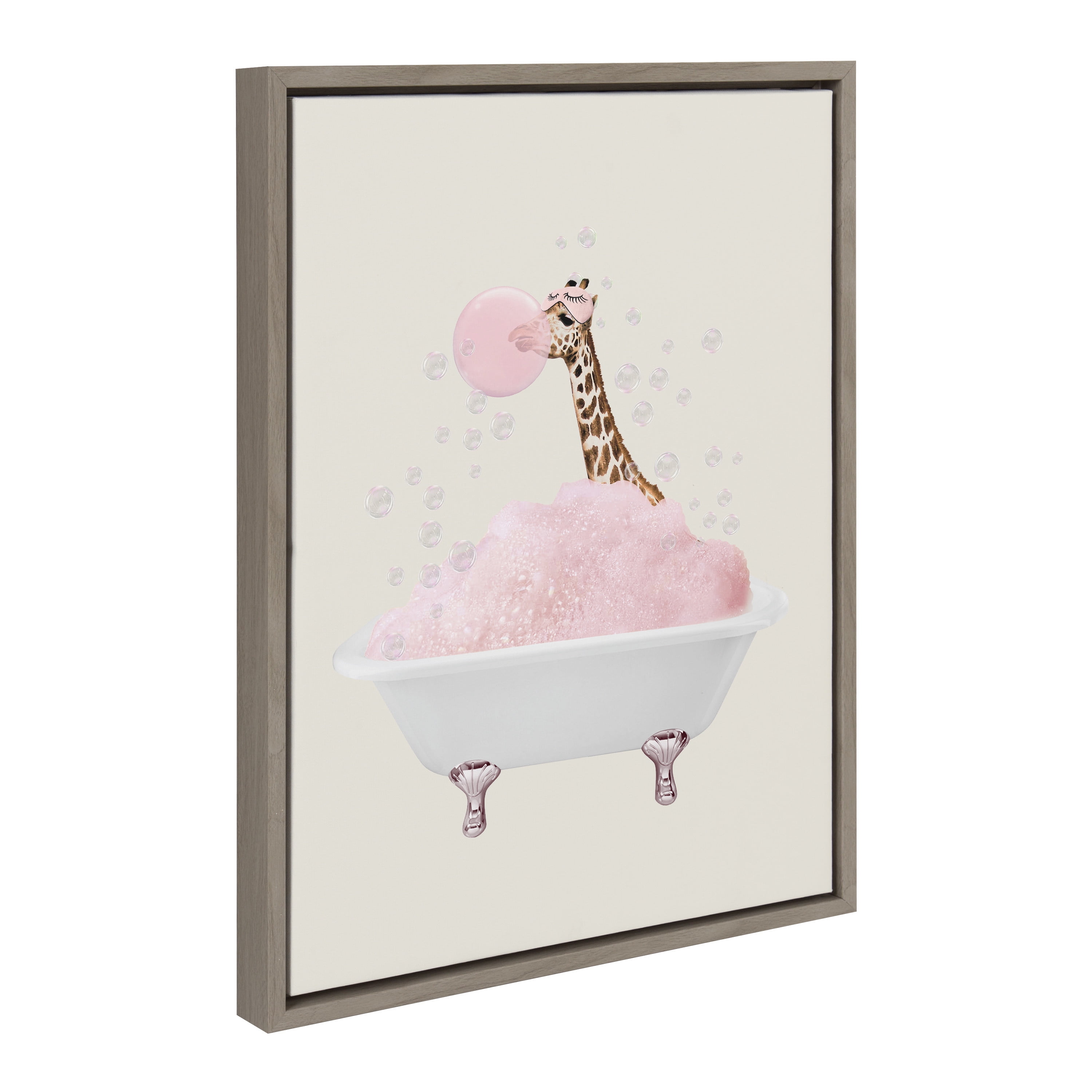 Gray Framed Canvas Wall Art with Giraffe in Bath, 18x24