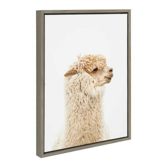 Kate and Laurel Sylvie Golden Alpaca Profile Framed Canvas Wall Art by Amy Peterson Art Studio, 18x24 Gray, Modern Animal Portrait Art for Wall