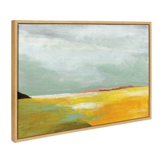 Kate and Laurel Sylvie Golden Root Lake Framed Canvas Wall Art by Nikita Jariwala, 23x33 Natural, Soft Abstract Prairie Landscape Art for Wall Decor