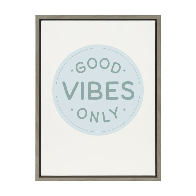 Kate and Laurel Sylvie Good Vibes Only Pale Blue Button Framed Canvas Wall Art by The Creative Bunch Studio, 18x24 Gray, Positivity Art for Wall