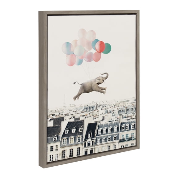 Kate and Laurel Sylvie Happy Elephant in Paris Framed Canvas Wall Art by July Art Prints, 18x24 Gray, Zoo Animal City Wall Art Decor