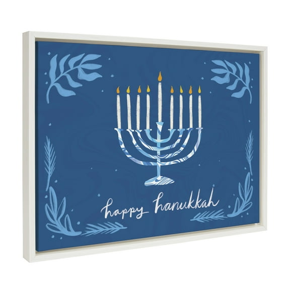 Kate and Laurel Sylvie Happy Hanukkah Framed Canvas Wall Art by Jessi Raulet of Ettavee, 18x24 White, Jewish Hanukkah Illustration Art for Wall