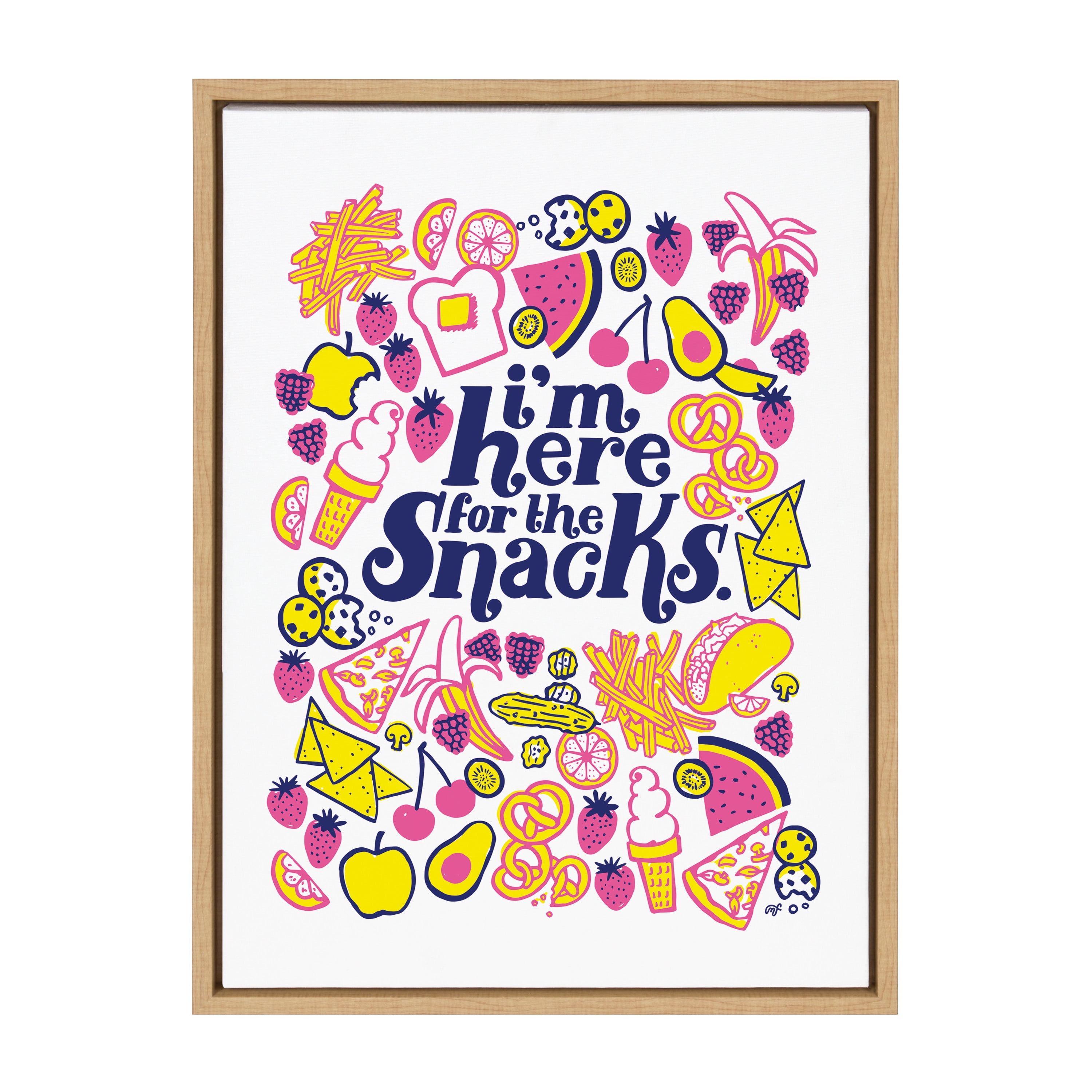 Kate and Laurel Sylvie Here for the Snacks Framed Canvas Wall Art by Maria Filar, 18x24 Natural, Cute Humorous Art for Wall