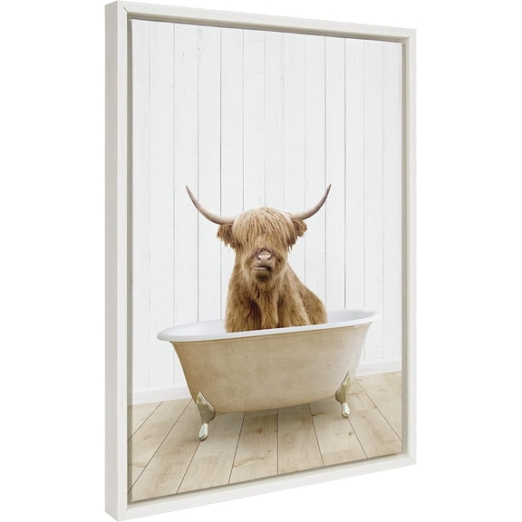 Kate and Laurel Sylvie Highland Cow Farmhouse Bath Framed Canvas Wall Art by Amy Peterson Art Studio, 18x24 White, Whimsical Animal Art for Wall