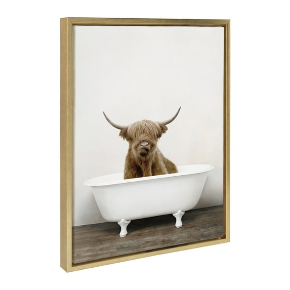 Kate and Laurel Sylvie Highland Cow in Tub Color Framed Canvas Wall Art by Amy Peterson Art Studio, 18 x 24, Gold, Humorous Animal Wall Décor