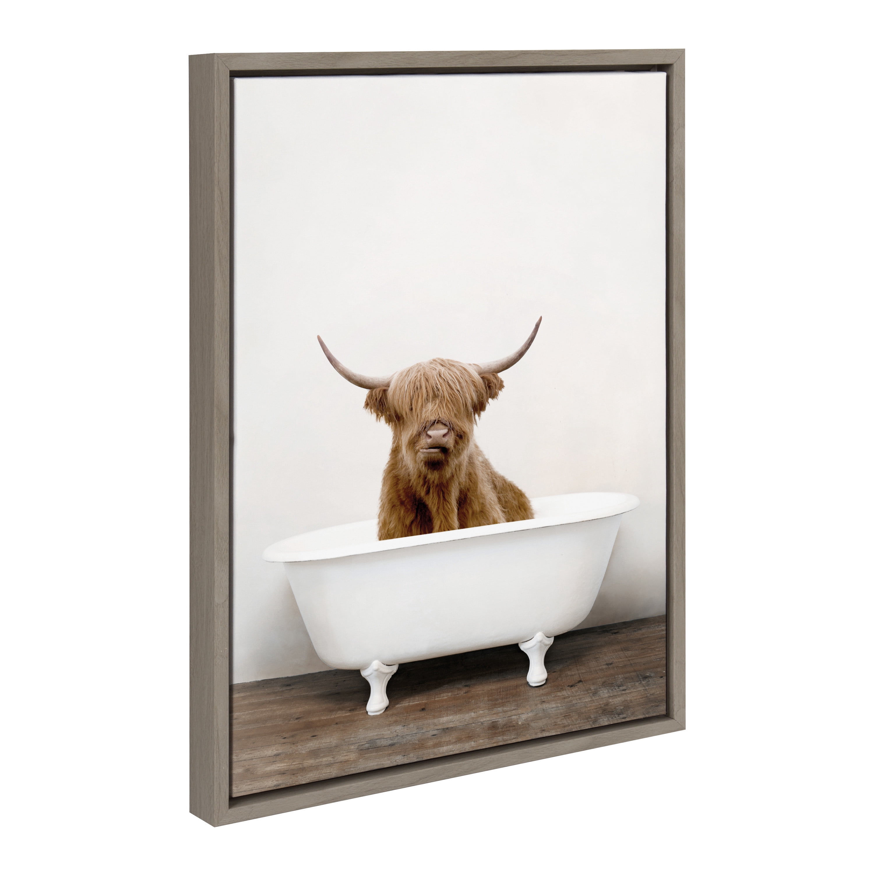 Kate and Laurel Sylvie Highland Cow in Tub Color Framed Canvas Wall Art by Amy Peterson Art Studio, 18 x 24, Gray, Funny Bathroom Animal Art