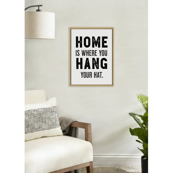 Kate and Laurel Sylvie Home Hat Framed Canvas Wall Art by The Whiskey Ginger, 18x24 Natural, Cute Home Quote Art for Wall