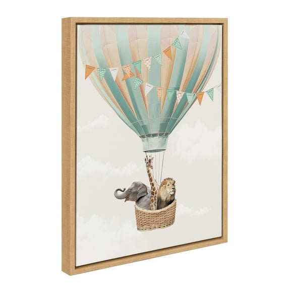 Kate and Laurel Sylvie Hot Air Balloon Travel Framed Canvas Wall Art by July Art Prints, 18x24 Natural, Zoo Animal Wall Art Decor