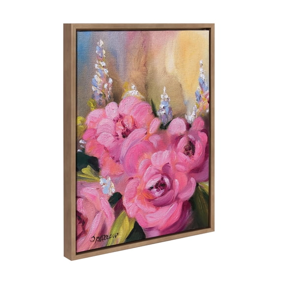 Kate and Laurel Sylvie Hot Pink Framed Canvas Wall Art by Mary Sparrow, 18x24 Gold, Modern Light Botanical Flower Art for Home Wall Decor