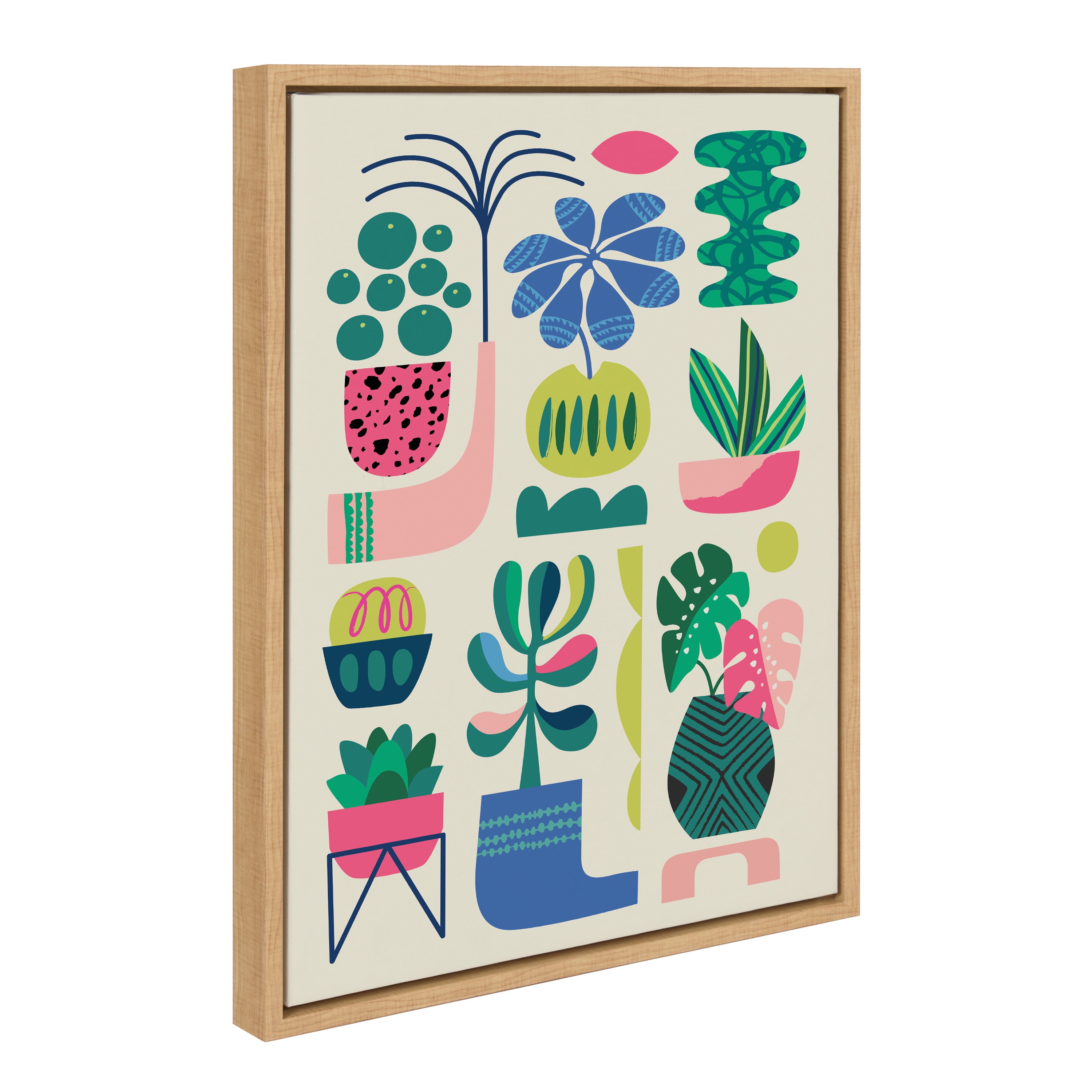 Colorful Mid-Century Modern Botanical Canvas Print with Natural Frame
