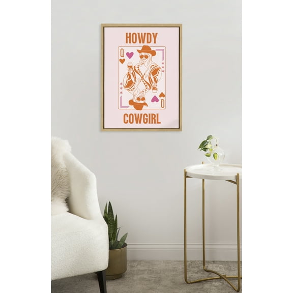 Kate and Laurel Sylvie Howdy Cowgirl Pink Orange Framed Canvas Wall Art by Honey Island Studio, 18x24 Natural, Cute Western Cowgirl Art for Wall