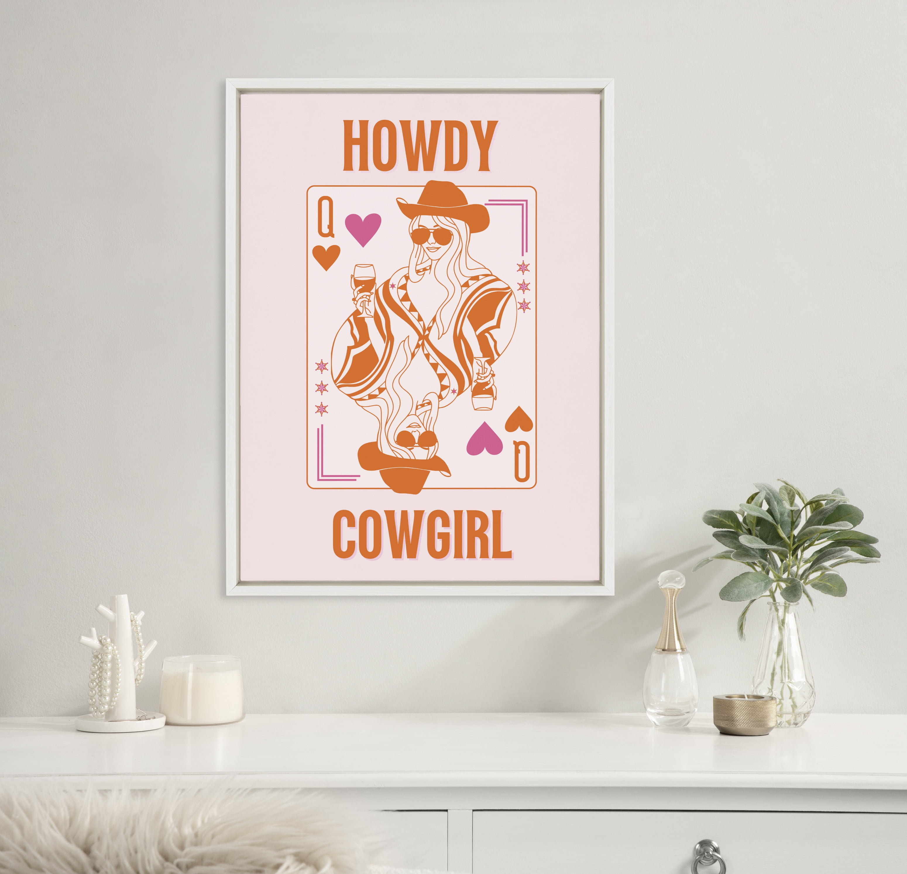 Kate & Laurel All Things Decor 18"x24" Sylvie Howdy Cowgirl Pink Orange Framed Canvas by Honey Island Studio White