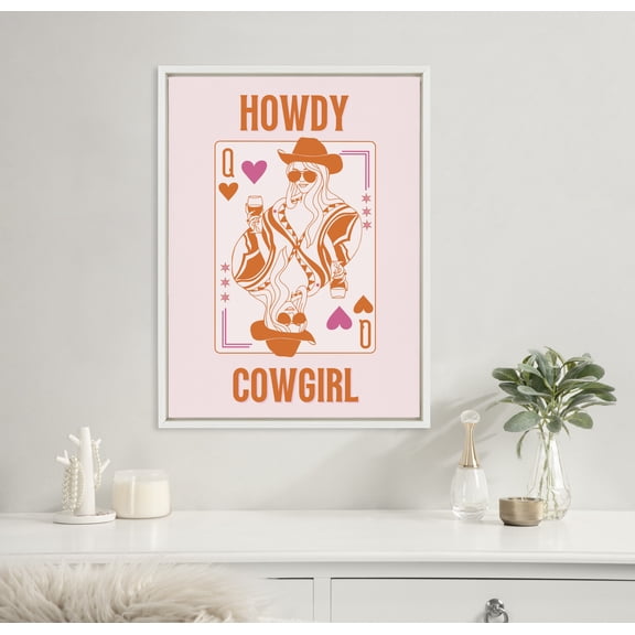 Kate and Laurel Sylvie Howdy Cowgirl Pink Orange Framed Canvas Wall Art by Honey Island Studio, 18x24 White, Cute Western Cowgirl Art for Wall