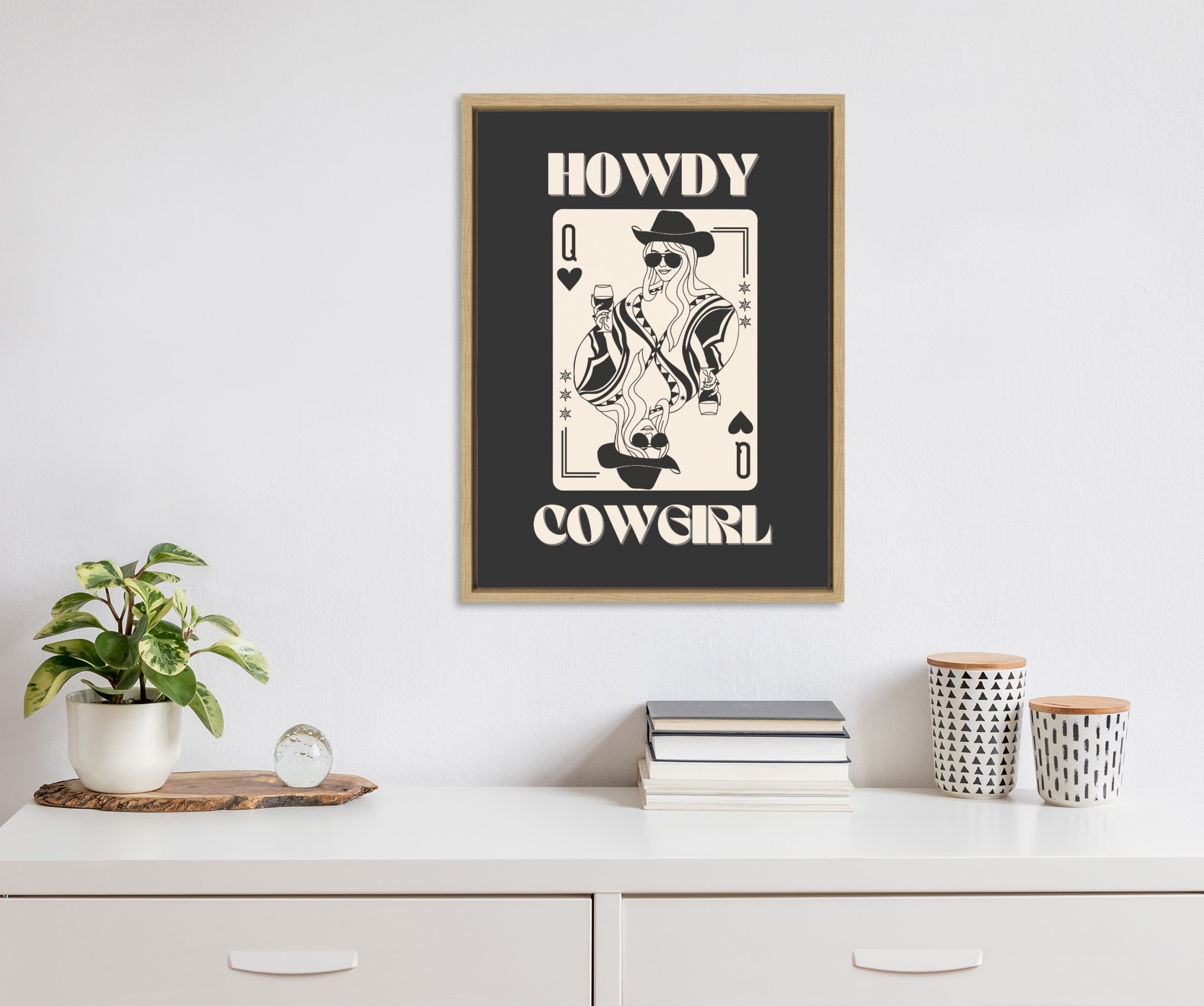 Howdy Cowgirl Queen Black and Beige Canvas Print with Natural Frame