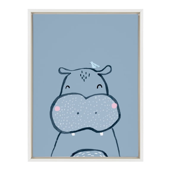 Kate and Laurel Sylvie Inky Hippo Framed Canvas Wall Art by Lauradidthis 18x24 White Adorable Animal Art for Wall
