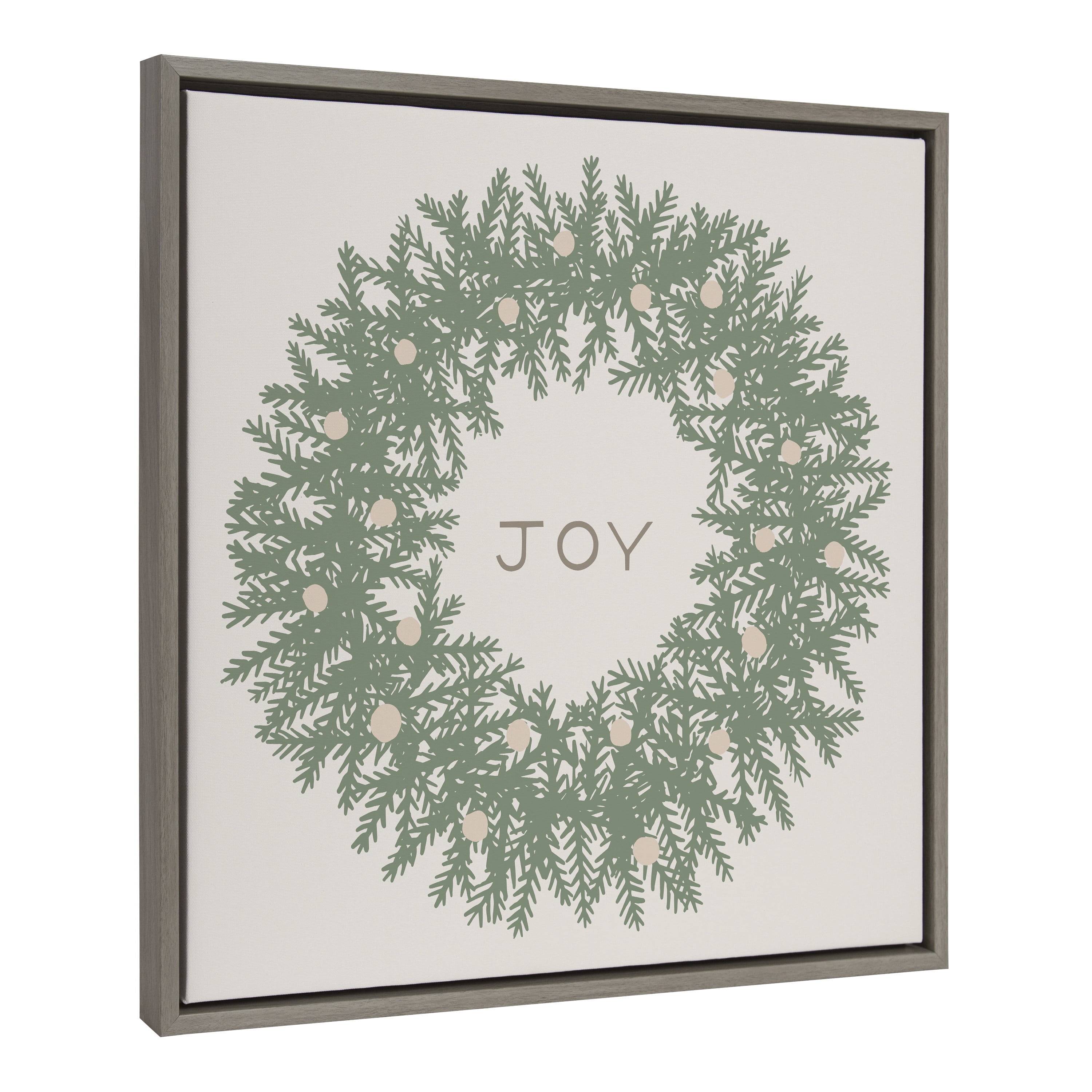Joy Wreath Green and Gray Framed Canvas Wall Art, 22x22
