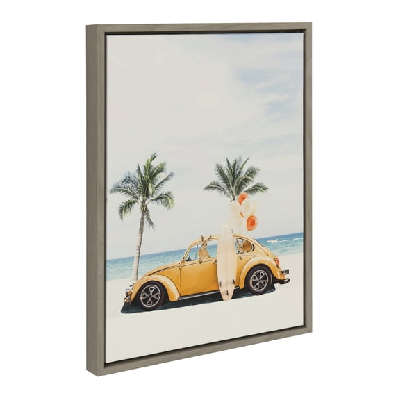 Kate and Laurel Sylvie Kangaroo Summer Adventures Framed Canvas Wall Art by July Art Prints, 18x24 Gray, Beach Animal Wall Art Decor