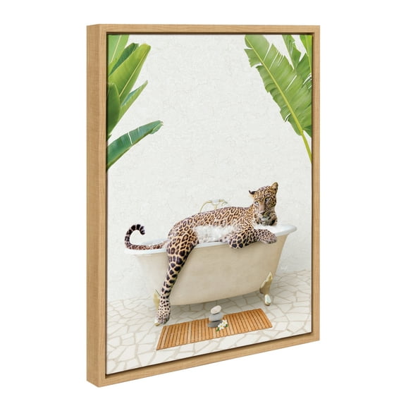 Kate and Laurel Sylvie Leopard in Bali Bath Framed Canvas Wall Art by Amy Peterson Art Studio, 18x24 Natural, Cute Animal Bathtub Art for Wall