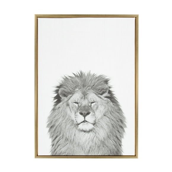 Kate and Laurel Sylvie Lion Animal Print Black and White Portrait Framed Canvas Wall Art by Simon Te Tai, 23x33 Gold