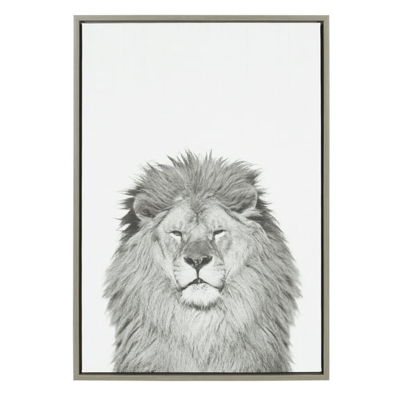 Kate and Laurel Sylvie Lion Animal Print Black and White Portrait Framed Canvas Wall Art by Simon Te Tai, 23x33 Gray