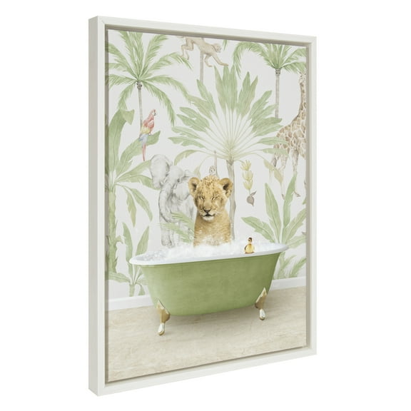 Kate and Laurel Sylvie Lion Cub in Wild Safari Bath Framed Canvas Wall Art by Amy Peterson Art Studio, 18x24 White, Cute Animal Bathtub Art for Wall