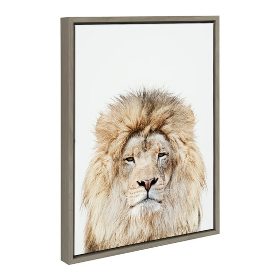 Kate and Laurel Sylvie Lion Stare Portrait Framed Canvas Wall Art by Amy Peterson Art Studio, 18x24 Gray, Modern Jungle Animal Portrait Art for Wall