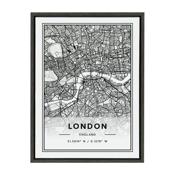 Kate and Laurel Sylvie London Modern Map Framed Canvas Wall Art by Jake Goossen, 18x24 Gray, Decorative Map of London for Wall