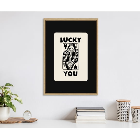 Kate and Laurel Sylvie Lucky You Framed Canvas Wall Art by Honey Island Studio, 18x24 Natural, Cute Casino Deck of Cards Art for Wall