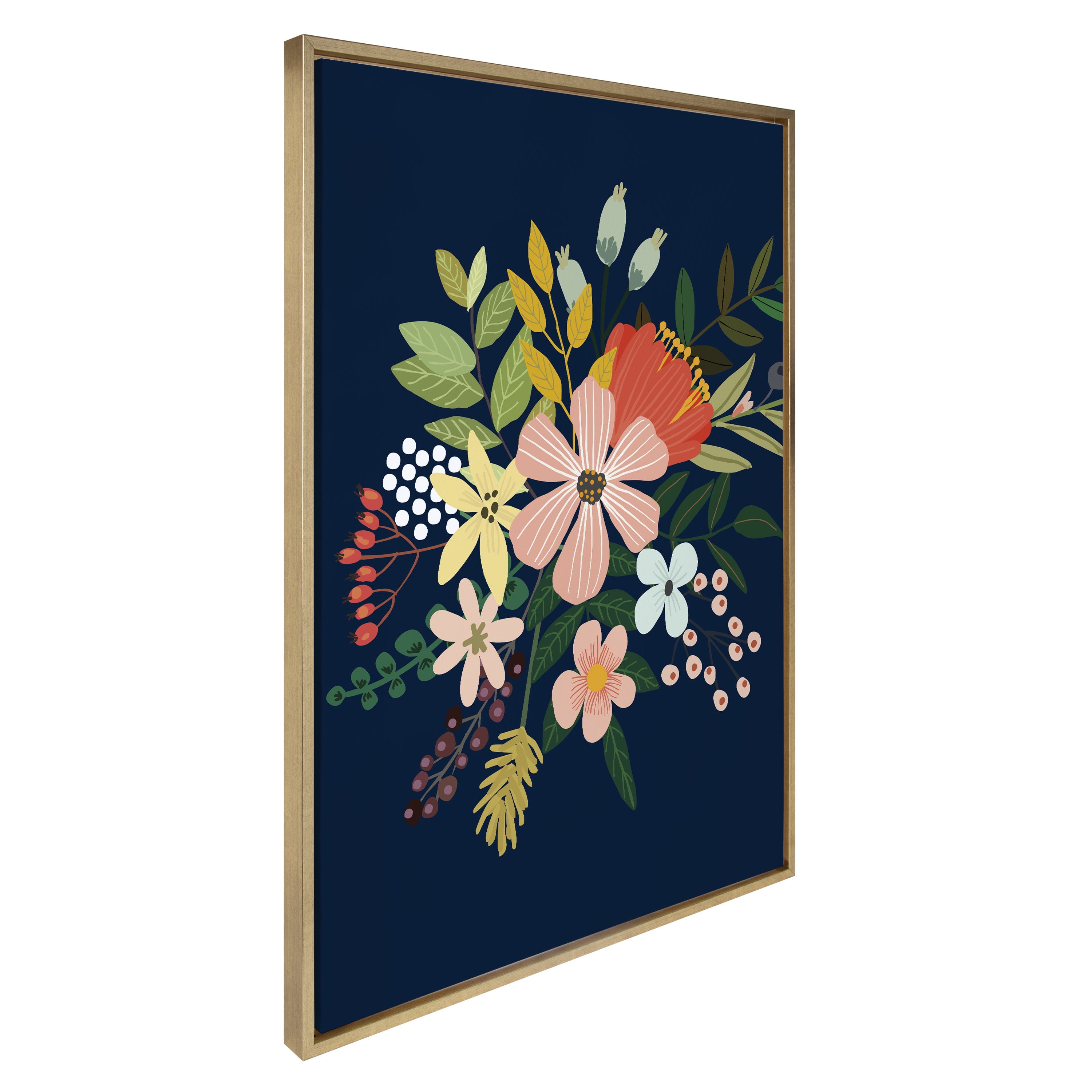 Gold Framed Floral Canvas Art with Dark Blue Background, 28x38