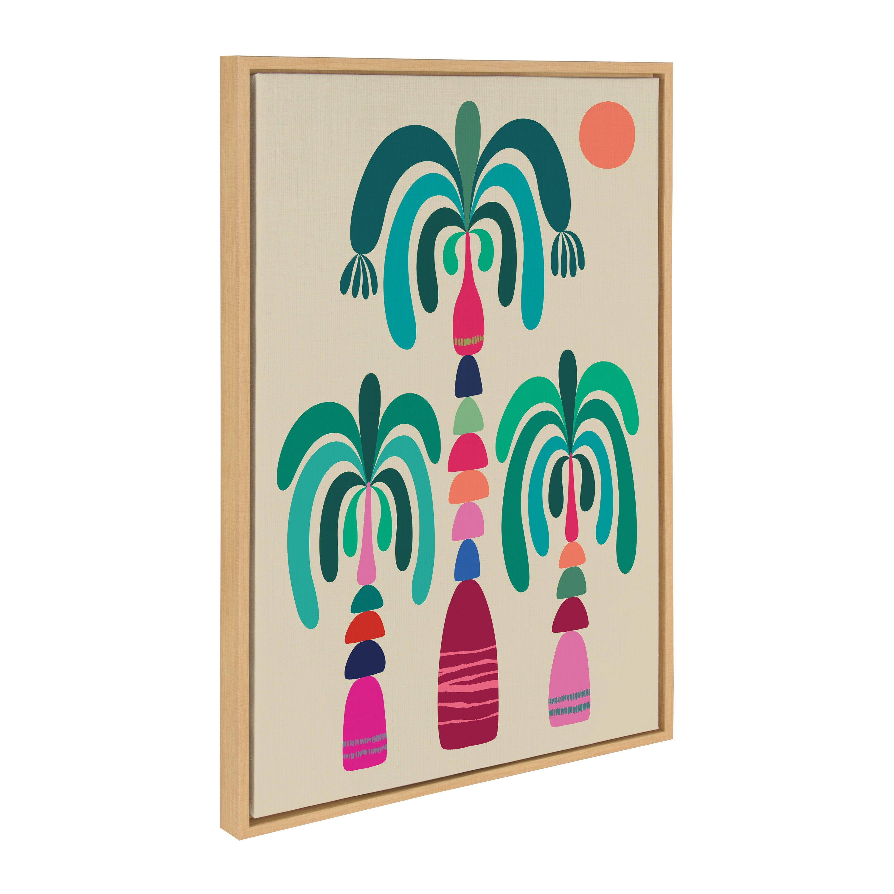 Colorful Mid-Century Palm Trees Print on Canvas in Natural Frame