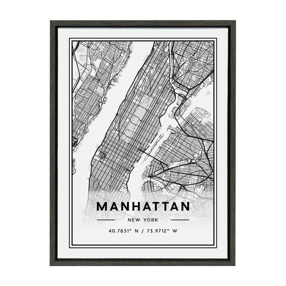 Kate and Laurel Sylvie Manhattan Modern Map Framed Canvas Wall Art by Jake Goossen, 18x24 Gray, Decorative Map Art for Wall