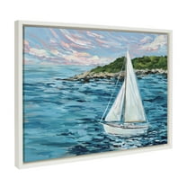 Kate and Laurel Sylvie Marthas Vineyard Framed Canvas Wall Art by Emily Kenney, 18x24 White, Ocean Sailboat Painting Art for Wall