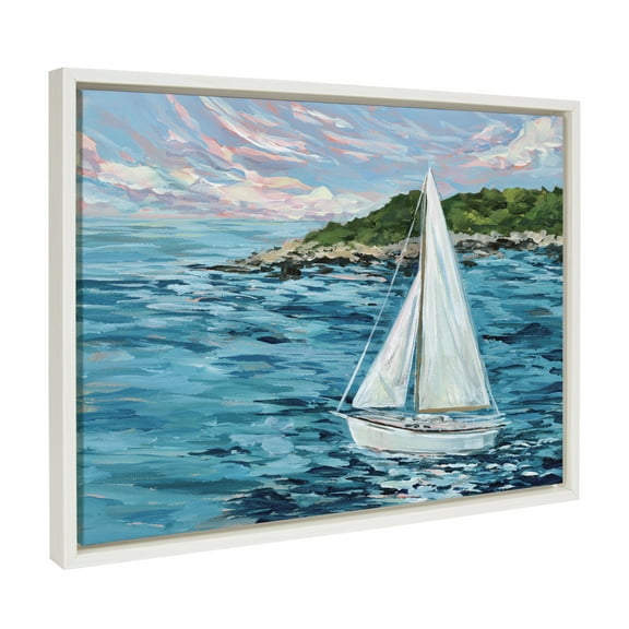 Kate and Laurel Sylvie Marthas Vineyard Framed Canvas Wall Art by Emily Kenney, 18x24 White, Ocean Sailboat Painting Art for Wall