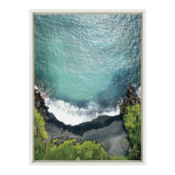 Kate and Laurel Sylvie Maui Black Sand Beach 1 Framed Canvas Wall Art by Rachel Bolgov, 18x24 White, Decorative Tropical Travel Art for Wall