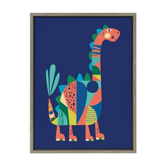 Kate and Laurel Sylvie Mid Century Modern Dino Blue Framed Canvas Wall Art by Rachel Lee of My Dream Wall, 18x24 Gray, Dinosaur Art for Wall