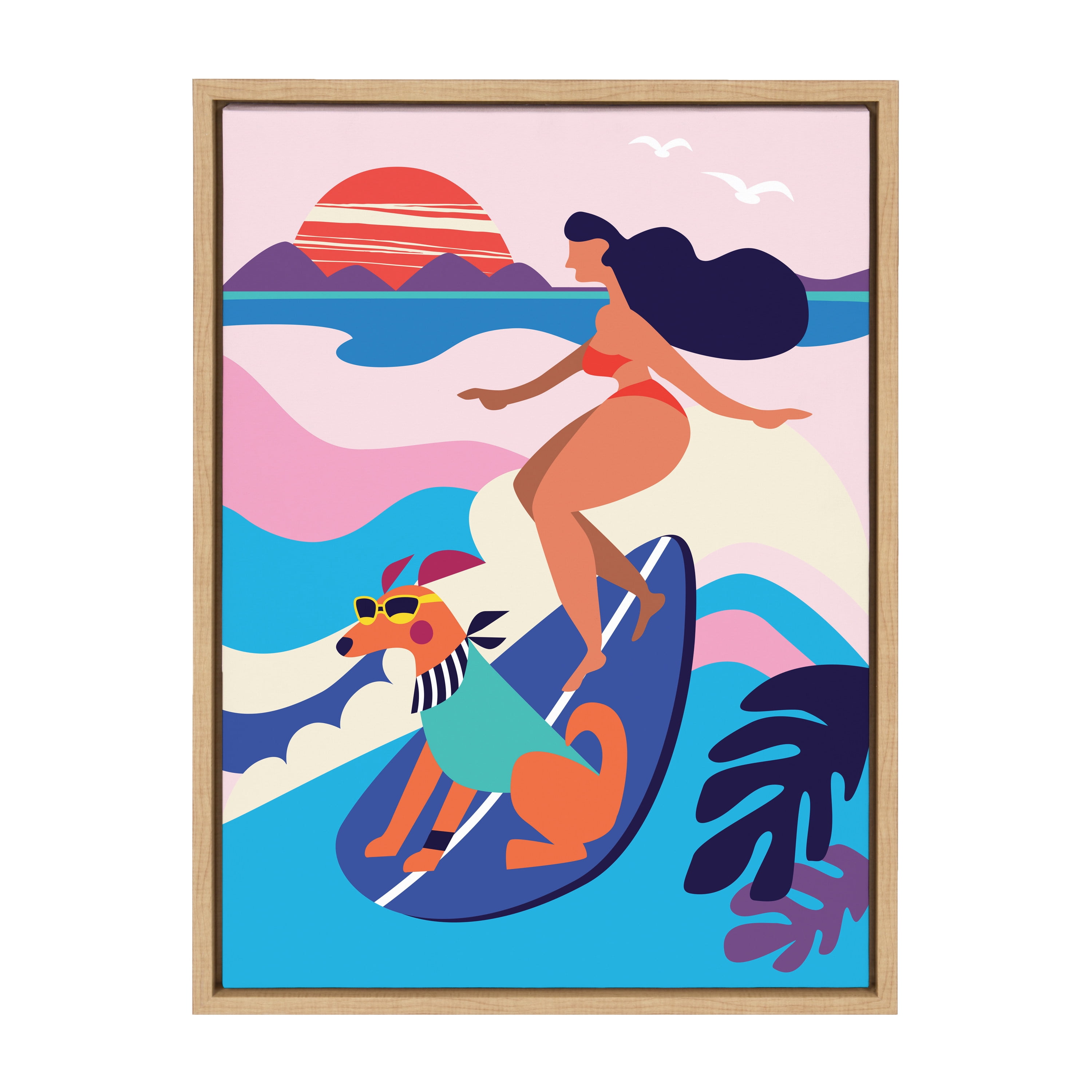 18" x 24" Natural Framed Canvas Surfing Dog Print