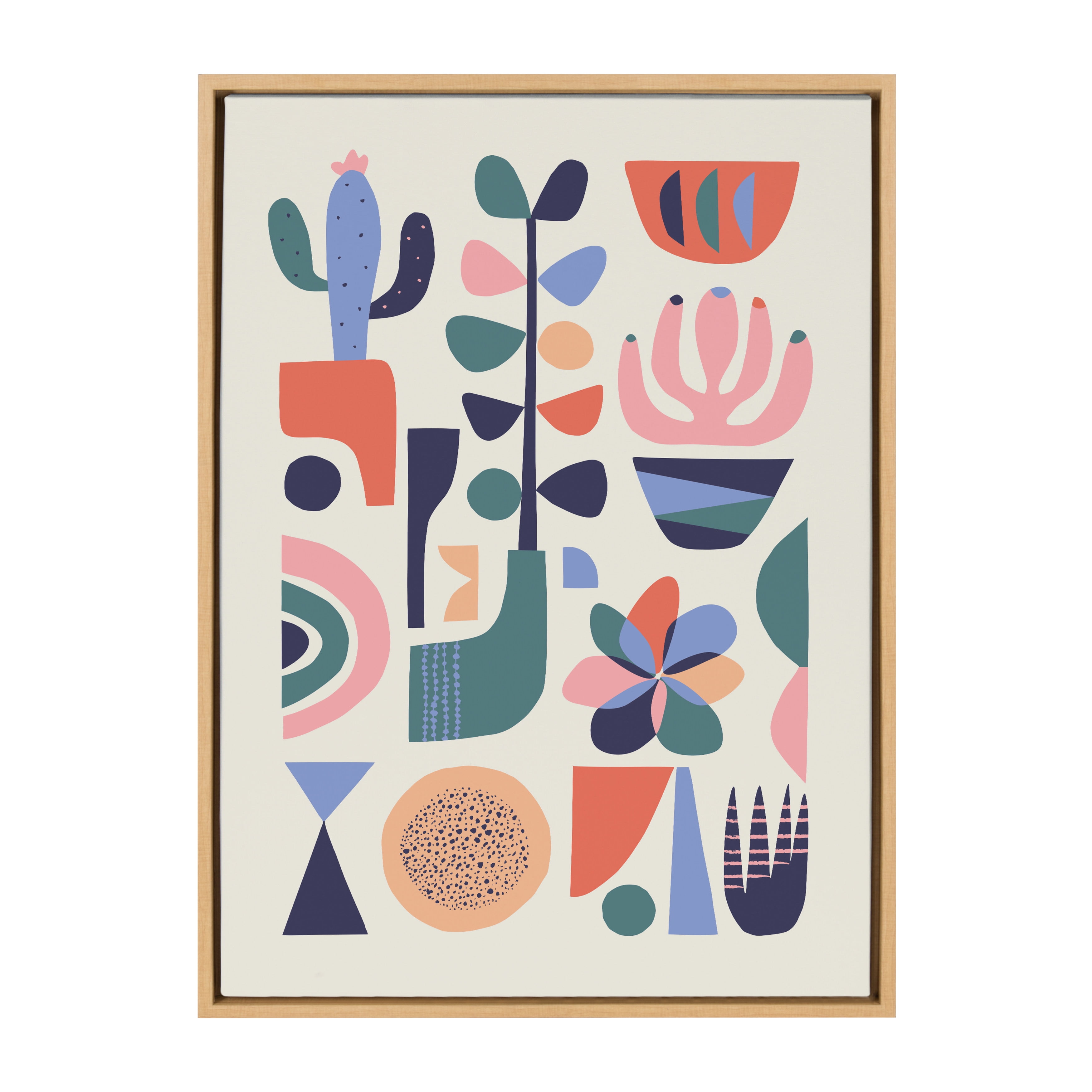 Mid-Century Succulents Abstract Canvas Wall Art in Natural Frame