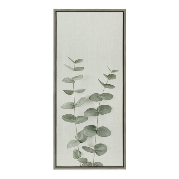 Kate and Laurel Sylvie Minimalist Eucalyptus Framed Linen Textured Canvas Wall Art by The Creative Bunch Studio, 18x40 Gray, Decorative Plant Decor