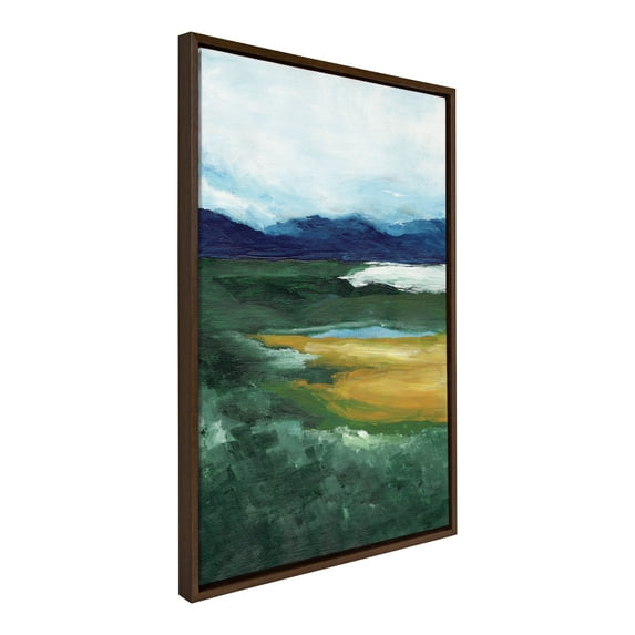 Kate and Laurel Sylvie Misty Green Framed Canvas Wall Art by Nikita Jariwala, 23x33 Brown, Soft Painted Mountain Landscape Art for Wall