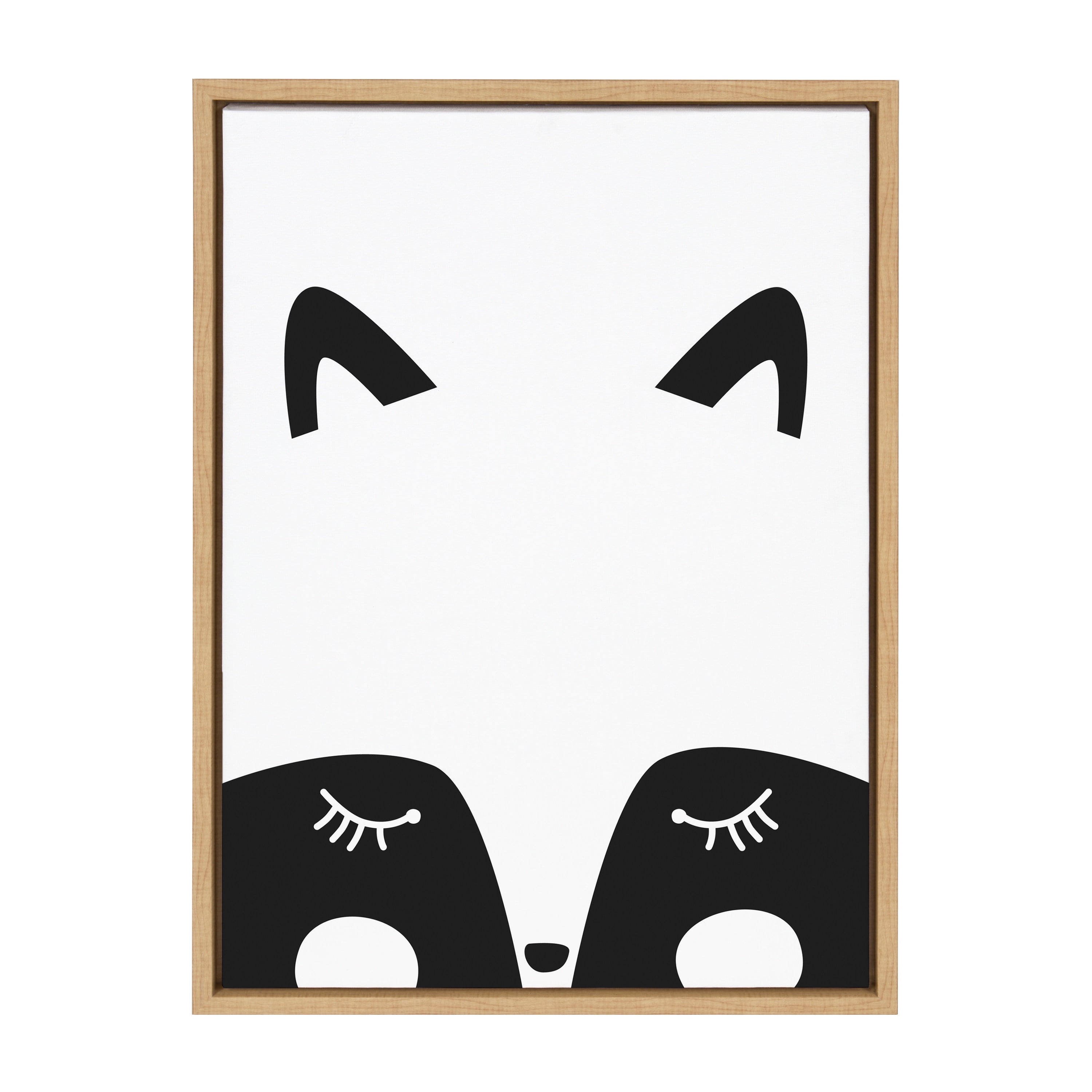 Modern Baby Fox Black and White Canvas Art with Natural Frame